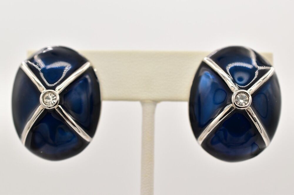 Ivana Trump Clip On Earrings Navy Blue Enamel Chunky Vintage Signed 1990s BinBF